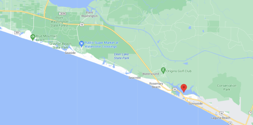 Map showing the coastline near Rosemary Beach and Sunnyside, Florida, with nearby parks and roads marked.