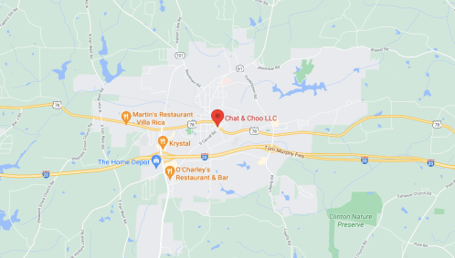 Map showing the location of Chat & Choo LLC in Villa Rica, Georgia, near major roads and nearby restaurants.