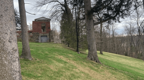 A grassy area with trees, a brick building in the background, and a cloudy sky.