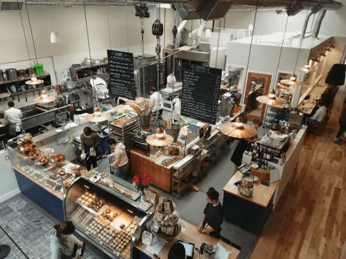 A bustling café interior with a bakery display, wooden floors, and patrons enjoying coffee and pastries.