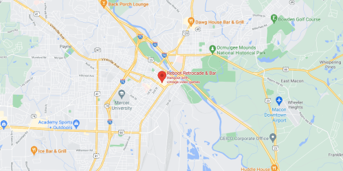 Map showing the location of Reboot Retrocade & Bar in Macon, Georgia, near various landmarks and roads.