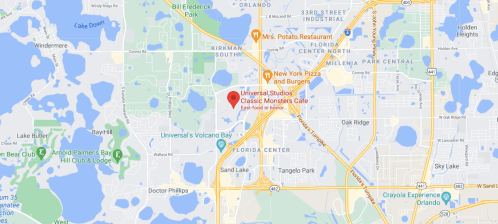 Map showing the location of Universal Studios' Classic Monsters Cafe in Orlando, Florida, with nearby landmarks and roads.