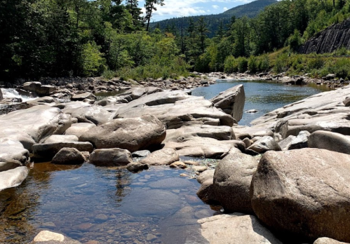 A serene river scene with smooth rocks, clear water, and lush greenery under a bright blue sky.