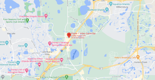 Map showing the location of Player 1 Video Game Bar near SeaWorld Orlando and various nearby resorts and attractions.