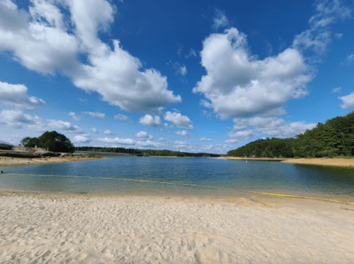 A serene lake scene with sandy shore, clear water, and fluffy clouds under a bright blue sky.
