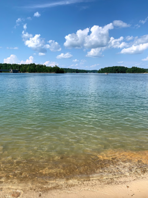 A serene lake with clear blue water, sandy shore, and fluffy clouds in a bright sky. Lush greenery surrounds the area.