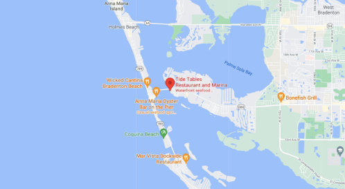 Map showing the location of Tide Tables Restaurant and Marina near Anna Maria Island and surrounding beaches.