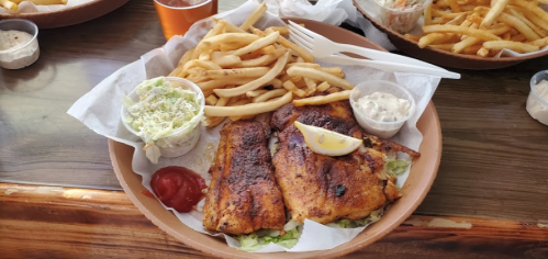 A plate with two grilled fish fillets, fries, coleslaw, and dipping sauces, garnished with a lemon wedge.