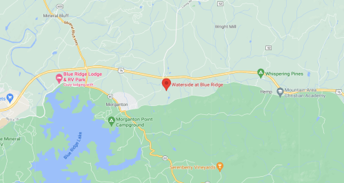 Map showing the location of Waterside at Blue Ridge, near Morganton and various landmarks in the area.
