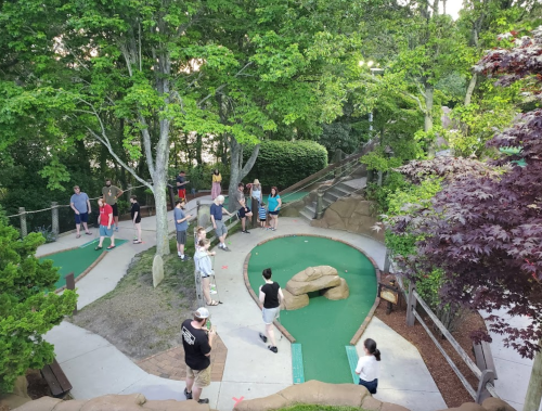 A mini-golf course with players, surrounded by trees and greenery, featuring a rock formation and a slide in the background.