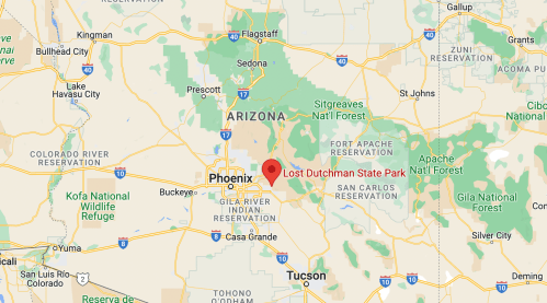 Map showing the location of Lost Dutchman State Park near Phoenix, Arizona, with surrounding areas and landmarks.