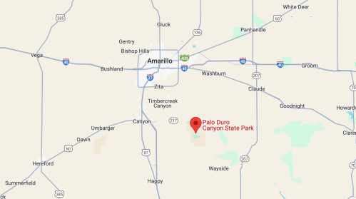Map showing Amarillo, Texas, with a marker for Palo Duro Canyon State Park to the southeast.