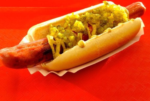 A hot dog in a bun topped with mustard and relish, served on a red background.