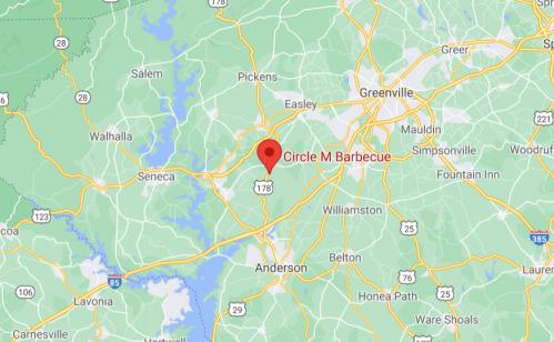 Map showing the location of Circle M Barbecue near Greenville, South Carolina, with nearby roads and landmarks.