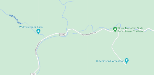 Map showing Widows Creek Falls, Stone Mountain State Park Lower Trailhead, and Hutchinson Homestead along Stone Mountain Rd.