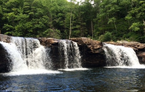 A serene waterfall cascading over rocky cliffs into a calm blue pool, surrounded by lush green trees.