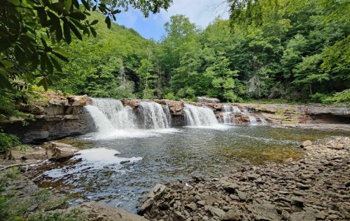 A serene waterfall cascades into a calm pool, surrounded by lush green trees and rocky terrain.