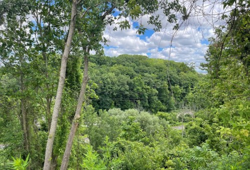 Lush green trees and hills under a partly cloudy sky, with a glimpse of a road in the background.