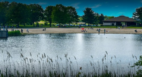 A serene lake scene with people on the shore, trees in the background, and a pavilion nearby under a clear blue sky.