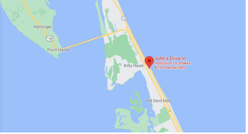 Map showing John's Drive In, an institution for shakes and fish sandwiches, located in Kitty Hawk, North Carolina.