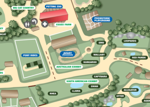 Map of a zoo featuring various exhibits like the aviary, petting zoo, and playground, with animal names labeled.