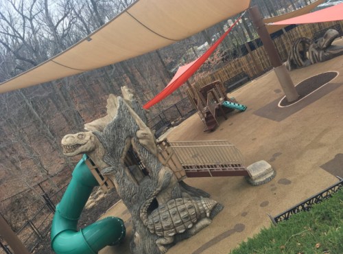 Playground featuring a turtle and dinosaur structure, green slide, and shaded areas among trees in a wooded setting.