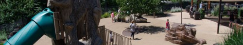 A playground with a green slide, wooden structures, and children playing in a sunny outdoor setting.