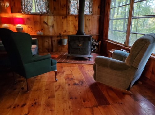 Cozy cabin interior with wooden walls, two chairs, a wood stove, and large windows overlooking a forest.