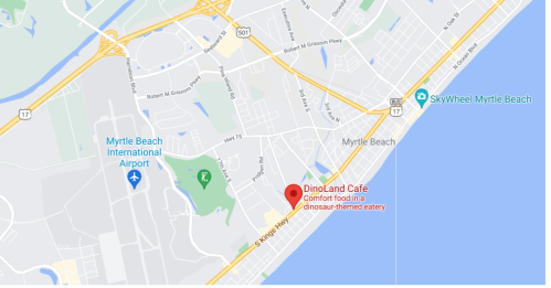 Map showing Myrtle Beach, SC, with a marker for DinoLand Café, a dinosaur-themed eatery near the coast.