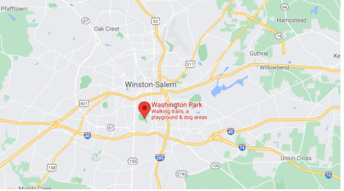 Map showing Washington Park in Winston-Salem, featuring walking trails, a playground, and dog areas.