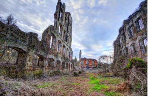 Ruins of a dilapidated building overgrown with vines, surrounded by tall grass under a cloudy sky.
