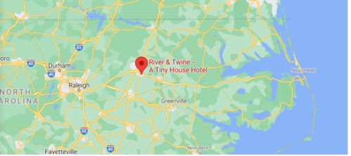 Map showing the location of "River & Twine – A Tiny House Hotel" in North Carolina, near Greenville and Raleigh.