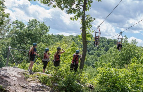 A group of people in helmets watches as two others zipline through a forested area on a sunny day.