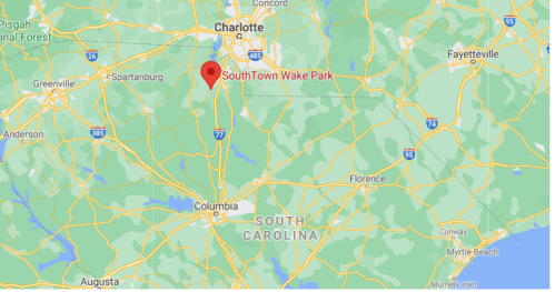 Map showing SouthTown Wake Park located near Charlotte, North Carolina, with surrounding highways and towns.