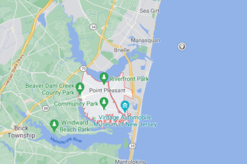 Map showing the coastal area of Point Pleasant, New Jersey, with parks and nearby towns labeled.