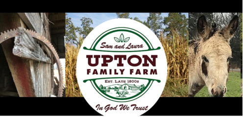 Collage featuring Upton Family Farm logo, vintage saw, cornfield, and a donkey. Established in the late 1800s.