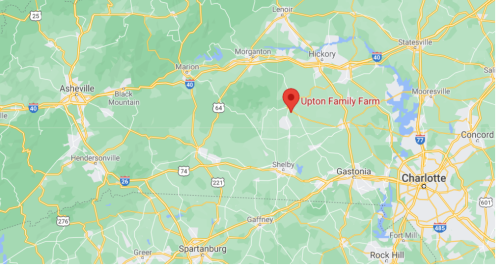 Map showing Upton Family Farm located near Shelby, North Carolina, with surrounding towns and highways.