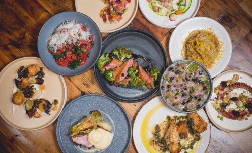 A variety of colorful dishes arranged on plates, featuring vegetables, pasta, and meats on a wooden table.