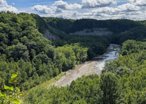 A scenic view of a river winding through lush green forests and cliffs under a partly cloudy sky.