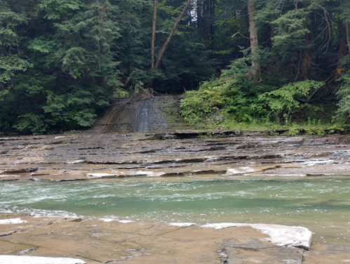 A serene river flows over rocky terrain, surrounded by lush green trees and a small waterfall in the background.