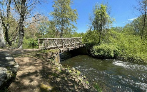 A wooden bridge over a flowing stream, surrounded by lush greenery and trees under a clear blue sky.