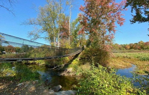 A suspension bridge spans a stream, surrounded by trees with autumn foliage under a clear blue sky.