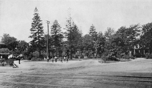Black and white photo of a park with trees and a group of people standing on a path near a streetcar track.