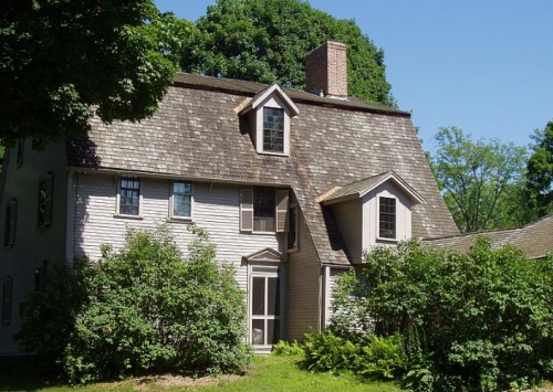 A charming two-story house with a steep roof, surrounded by lush greenery and trees under a clear blue sky.