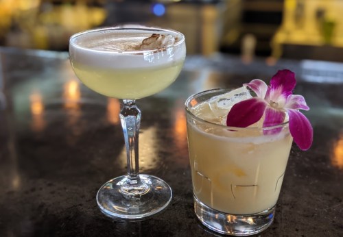 Two elegant cocktails on a bar counter: a frothy drink in a coupe glass and a tropical drink with a flower garnish.