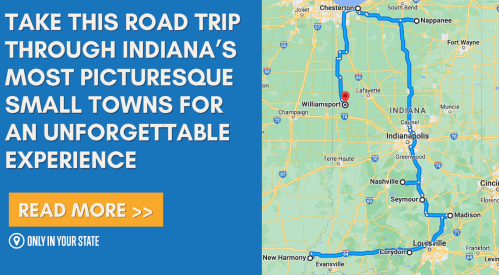 Map highlighting a road trip route through picturesque small towns in Indiana, with a call to action to read more.