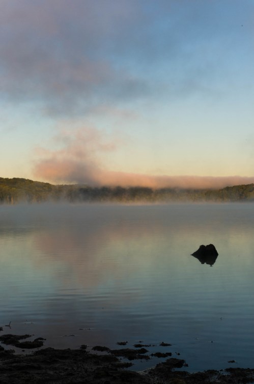 A serene lake at dawn, with mist rising from the water and soft colors reflecting on the surface.