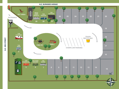 Map of a park layout featuring parking, pet area, fire pit, grill, and various facilities along Burnside Avenue.