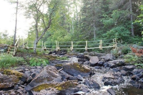 A wooden bridge spans a rocky stream, surrounded by lush green trees and foliage in a serene forest setting.