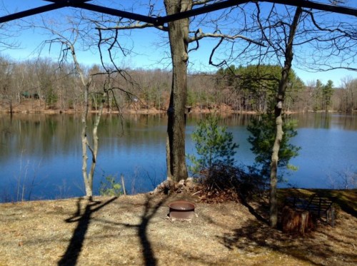 A serene lake surrounded by trees, reflecting a clear blue sky, with a fire pit in the foreground.